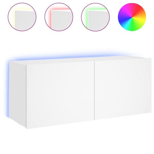 Стенен ТВ шкаф с LED осветление, бял, 100x35x41 см