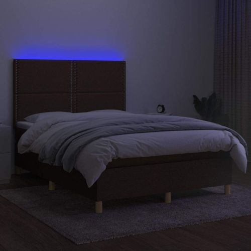 Боксспринг легло с матрак и LED, тъмнокафяво, 140x190 см, плат