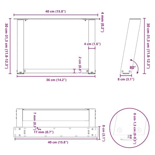 Крака за масичка за кафе, U-образни, 2 бр., естествена стомана, 40 x (30-31) см, стомана