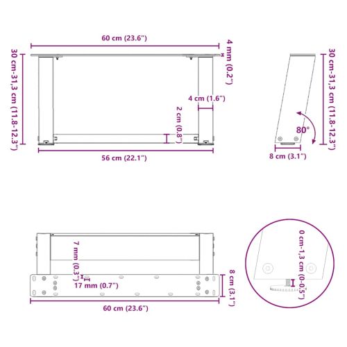 Крака за масичка за кафе, U-образни, 2 бр., антрацит, 60x(30-31) см, стомана