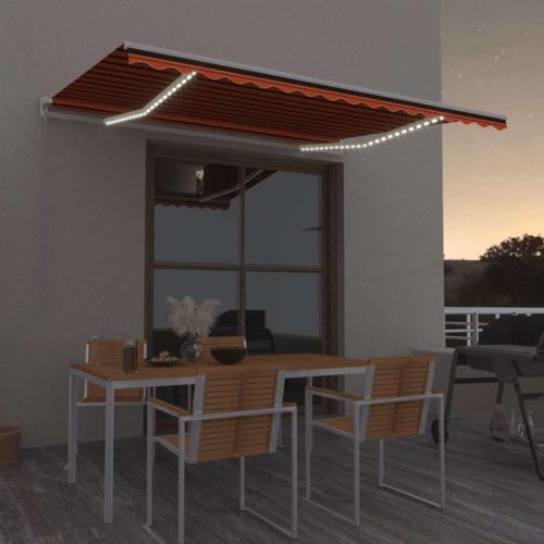 Ръчно прибираща се тента с LED, 450x300 cм, оранжево и кафяво