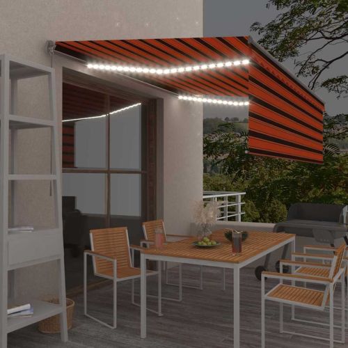 Ръчно прибиращ се сенник с щора и LED, 4,5x3 м, оранжево-кафяв