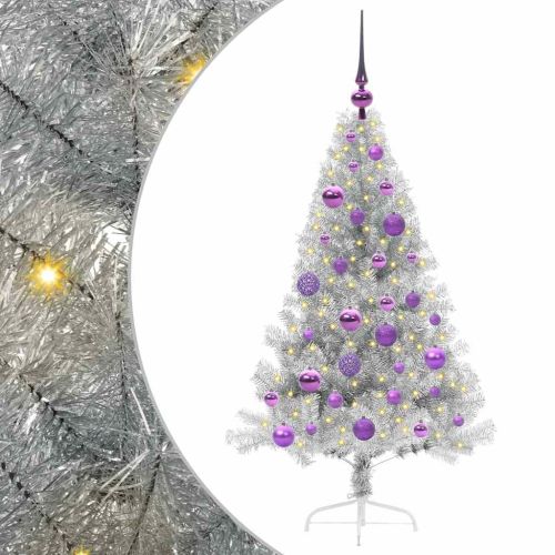 Изкуствена коледна елха с подсветка Сребрист 120 cm PET