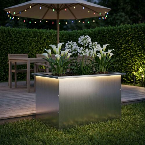 Градинска кашпа с LED осветление Сребристо 50 x 80 x 48 см