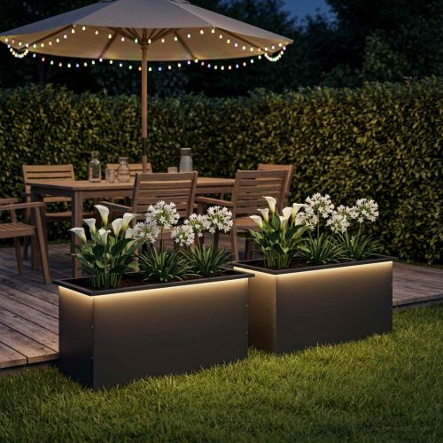 Градинска кашпа с LED осветление 2 бр. Черно 50 × 100 × 48 см