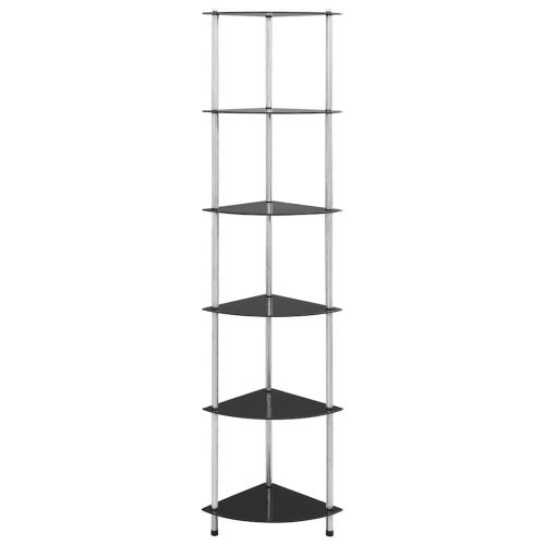 6-етажен рафт, черен, 30x30x160 см, закалено стъкло
