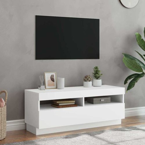 ТВ шкаф с LED осветление, бял, 100x35x40 см