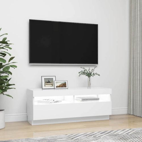 ТВ шкаф с LED осветление, бял, 100x35x40 см