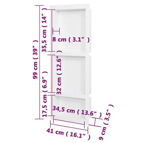 Ниша за баня с 3 отделения, бял гланц, 41x99x9 см
