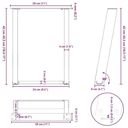 Крака за масичка за кафе, U-образни, 2 бр., антрацит, 28 x (42-43) см, стомана