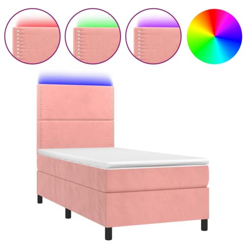 Боксспринг легло с матрак и LED, розово, 90x200 см, кадифе