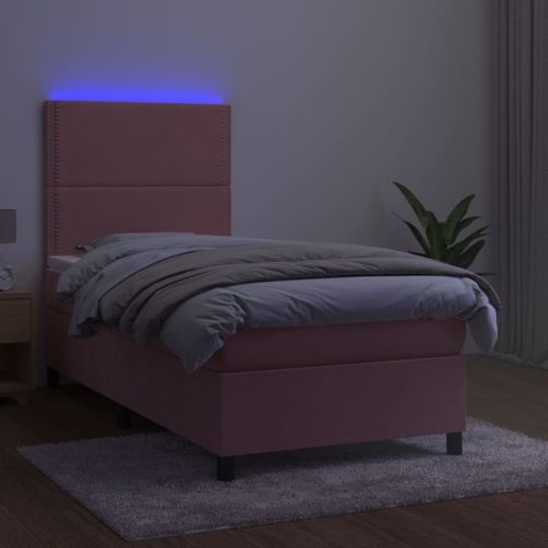 Боксспринг легло с матрак и LED, розово, 90x200 см, кадифе