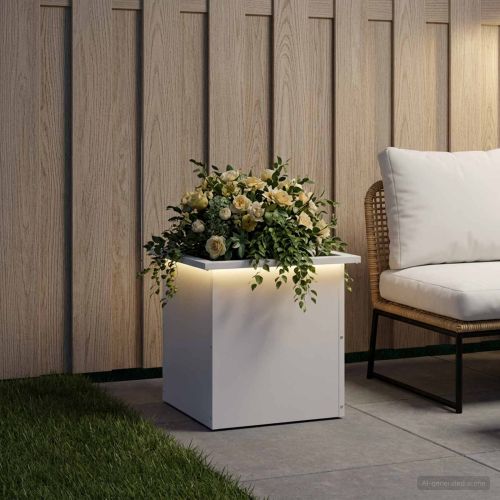 Градинска кашпа с LED осветление Бяло 40 x 40 x 40 cm Стомана