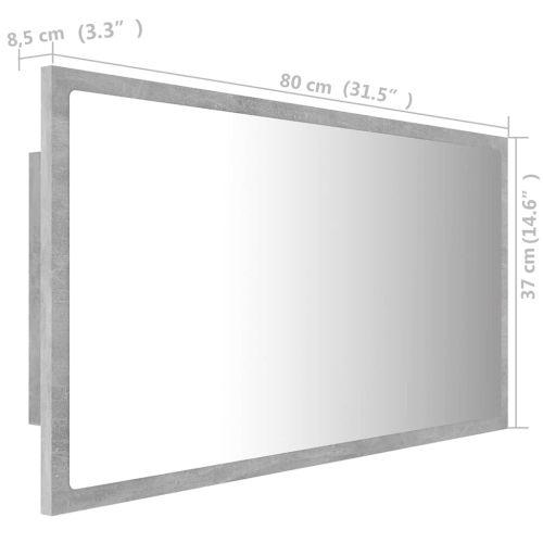 LED огледало за баня, бетонно сиво, 80x8,5x37 см, акрил