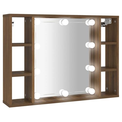 Огледален шкаф с LED, кафяв дъб, 76x15x55 см