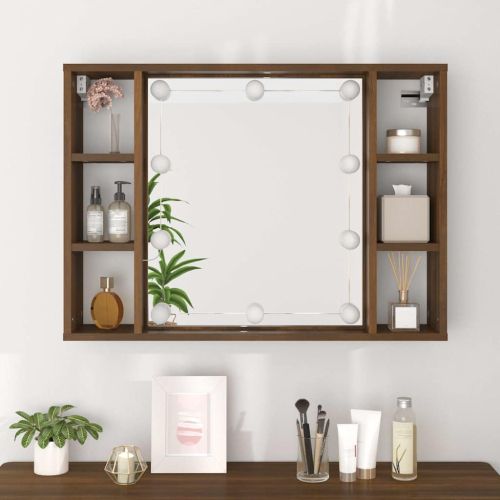 Огледален шкаф с LED, кафяв дъб, 76x15x55 см