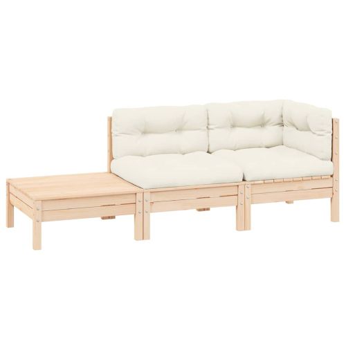 Градински комплект от 3 части с кремави възглавници бор масив
