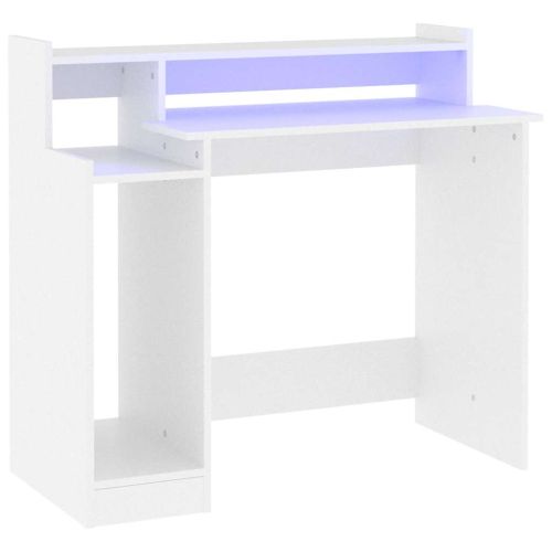 Бюро с LED осветление, бяло, 97x45x90 см, инженерно дърво
