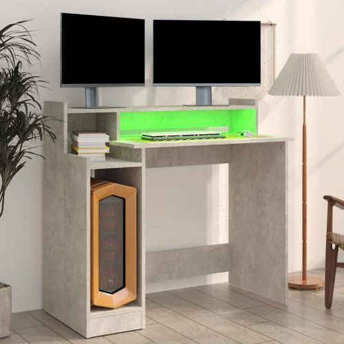 Бюро с LED, бетонно сиво, 97x45x90 см, инженерно дърво
