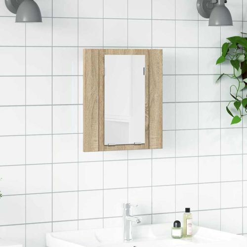 Шкаф с LED огледало за баня, дъб сонома, 40x12x45 см, акрил