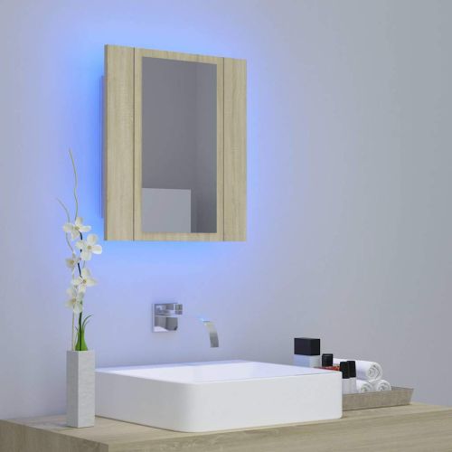 Шкаф с LED огледало за баня, дъб сонома, 40x12x45 см, акрил