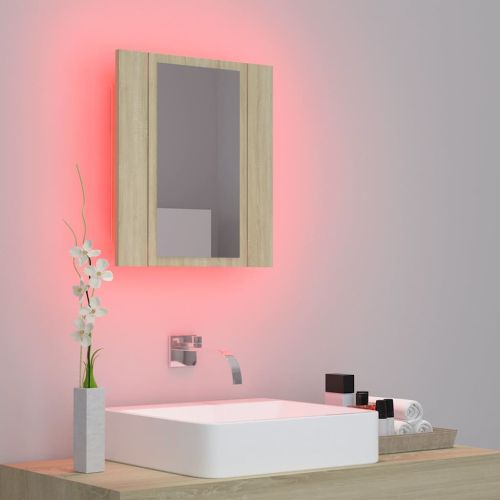 Шкаф с LED огледало за баня, дъб сонома, 40x12x45 см, акрил
