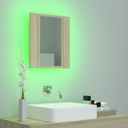 Шкаф с LED огледало за баня, дъб сонома, 40x12x45 см, акрил