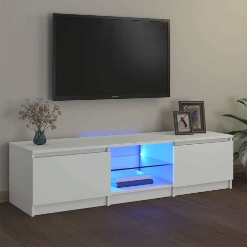 ТВ шкаф с LED осветление, бял, 140x40x36 см