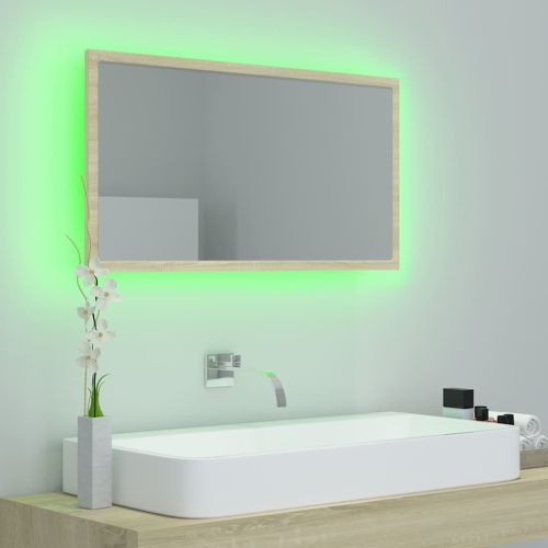 LED огледало за баня, дъб сонома, 80x8,5x37 см, акрил