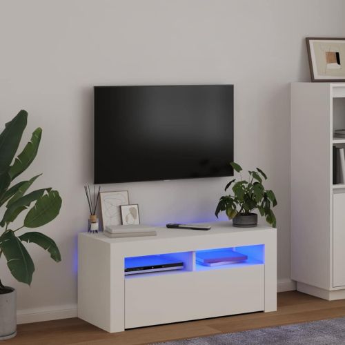 ТВ шкаф с LED осветление, бял, 90x35x40 см