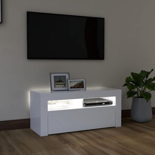 ТВ шкаф с LED осветление, бял, 90x35x40 см