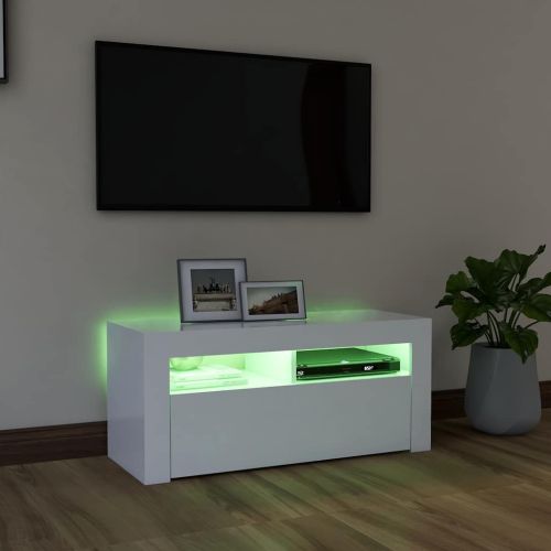 ТВ шкаф с LED осветление, бял, 90x35x40 см