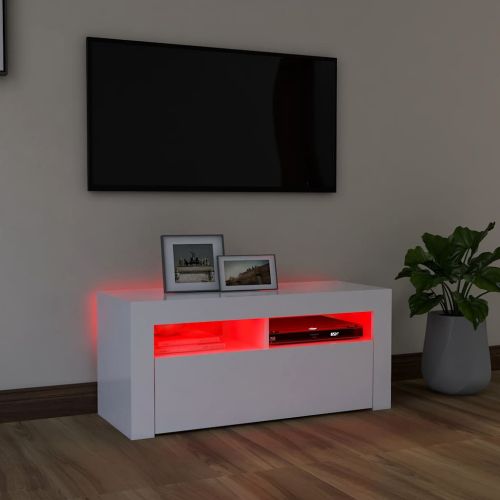 ТВ шкаф с LED осветление, бял, 90x35x40 см