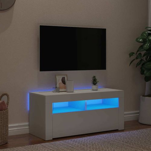ТВ шкаф с LED осветление, бял, 90x35x40 см