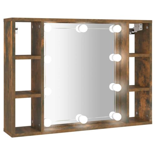 Огледален шкаф с LED, опушен дъб, 76x15x55 см