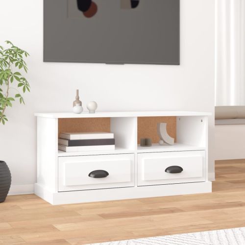 ТВ шкаф бял гланц 93x35,5x45 см инженерно дърво