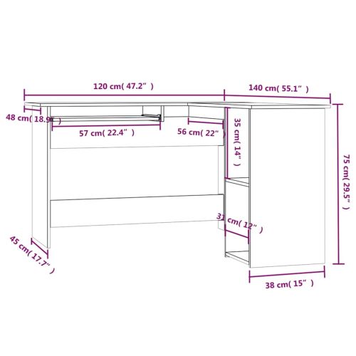 Ъглово бюро, сив сонома, 120x140x75 см, инженерно дърво