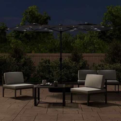 Градински чадър с двоен покрив и LED, черен, 316x145 см
