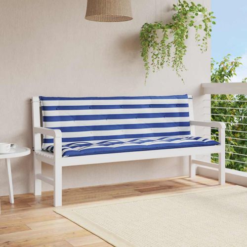 Възглавници за външни пейки 2 бр синьо-бели 150x50x7 см плат