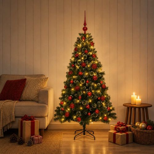 Изкуствена коледна елха с топки 120 см 150 LED светодиода