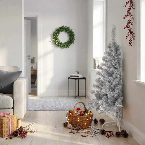 Изкуствена половин коледна елха със стойка, сребро, 120 см, PET