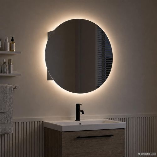 Шкаф за баня с кръгло огледало и LED, черен, 40x40x17,5 см