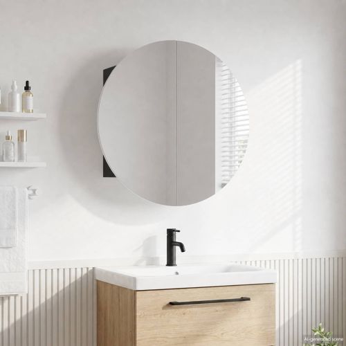 Шкаф за баня с кръгло огледало и LED, черен, 47x47x17,5 см