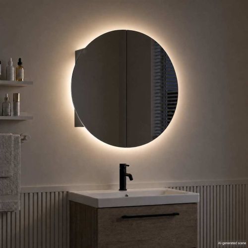 Шкаф за баня с кръгло огледало и LED, черен, 47x47x17,5 см