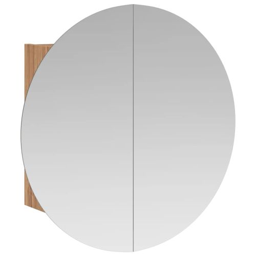 Шкаф за баня с кръгло огледало и LED, дъб, 54x54x17,5 см