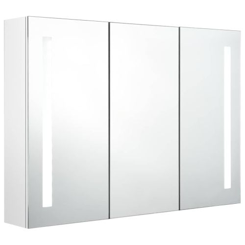 LED шкаф с огледало за баня, 89x14x62 см, блестящо бял