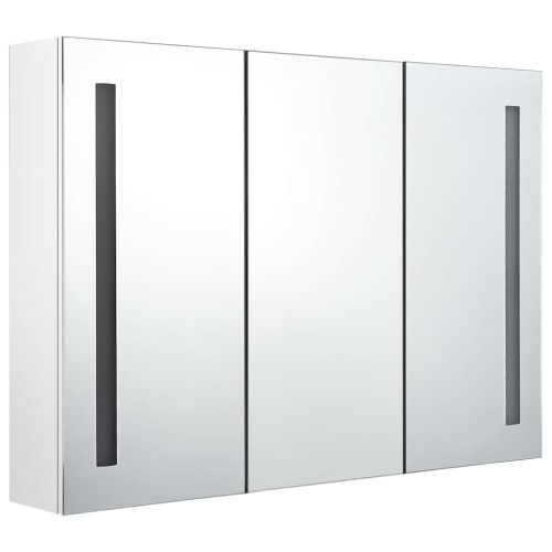 LED шкаф с огледало за баня, 89x14x62 см, блестящо бял