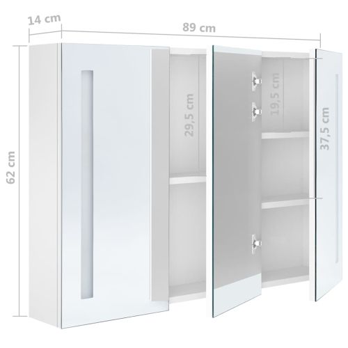 LED шкаф с огледало за баня, 89x14x62 см, блестящо бял