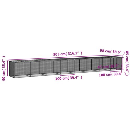 Клетка за пилета с покрив светлосива 803x98x90 см стомана