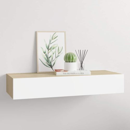 Стенен рафт за чекмеджета, дъб и бяло, 60x23,5x10 см, MDF